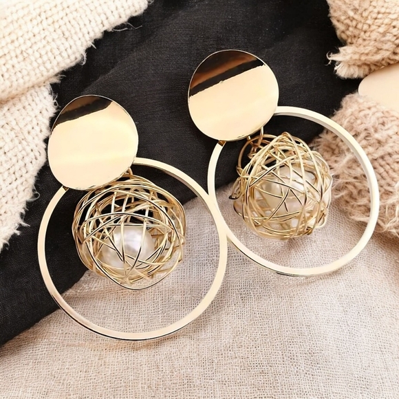 🆕️Gold Plated Statement Trendy Earrings with Faux Pearl-Filled Hollow Ball ✨ - Picture 1 of 13